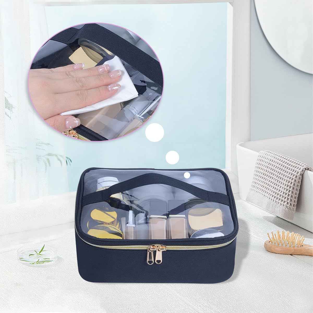 LANDFOBO Small Travel Makeup Bag Clear Cosmetic Toiletry Case Portable with Zipper for Organize Travel Samples, Cosmetics, Skincare Products, etc,(Black)