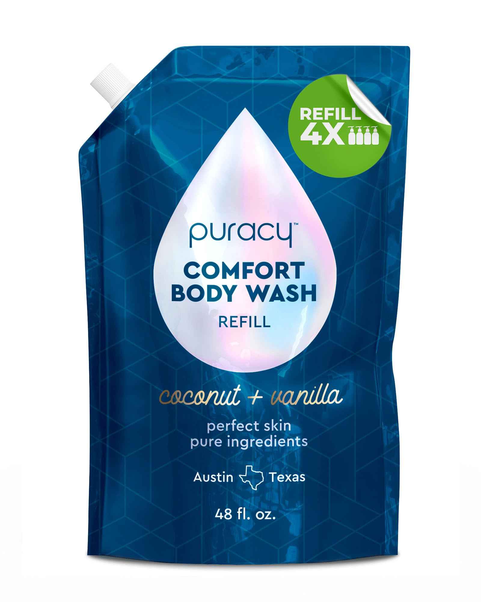 Puracy Body Wash Refill, Natural Body Wash, 98.6% Pure Plant Ingredients, Moisturizing Shower Gel for Women Men Kids, Body Soap for Dry Sensitive Skin. Gently Scented with Coconut & Vanilla, 48 Ounce