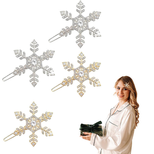 Gold Silver Rhinestone Snowflake Hair Clips - 2Pcs Christmas Hair Clips Crystal Hair Barrettes Snowflake Hairpin Christmas Snowflake Hair Accessories Headwear for Women Girls Toddlers Christmas Gifts