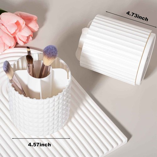 Anyoifax Makeup Brush Holder Organizer 360°Rotating Make Up Brushes Container for Vanity, Spinning Cosmetics Storage Cup, Stripe White