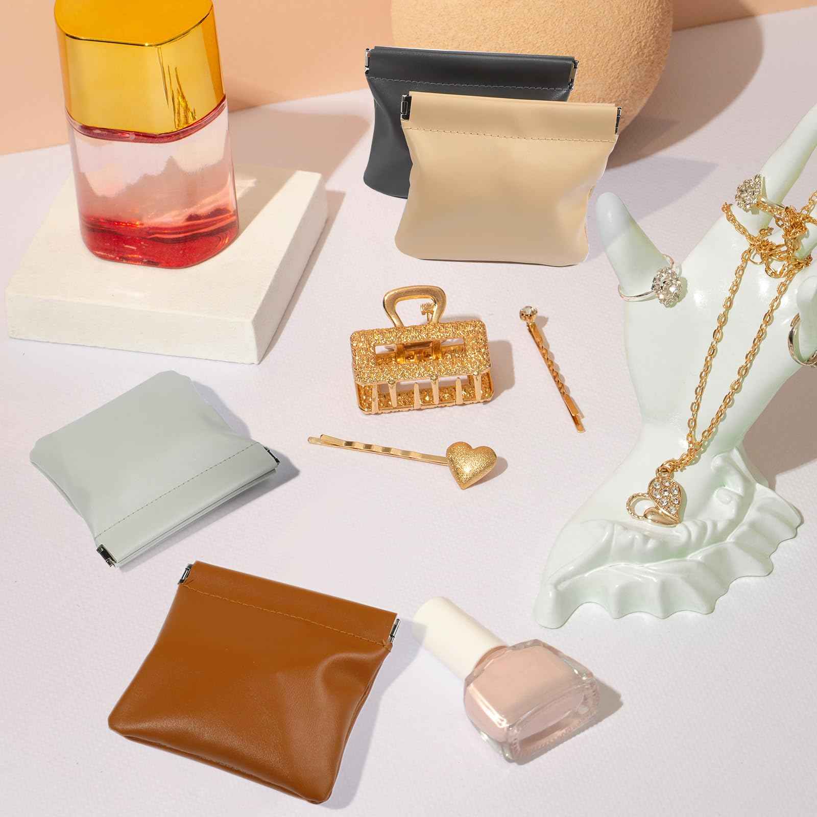 ISKYBOB 4PCS Small Makeup Bag for Purse, Portable Lambskin Pocket Cosmetic Bag Squeeze Top Coin Purse for Women Snap Closure Organizer Pouch Mini Self-Closing Lipstick Pouchic for Travel (Business)