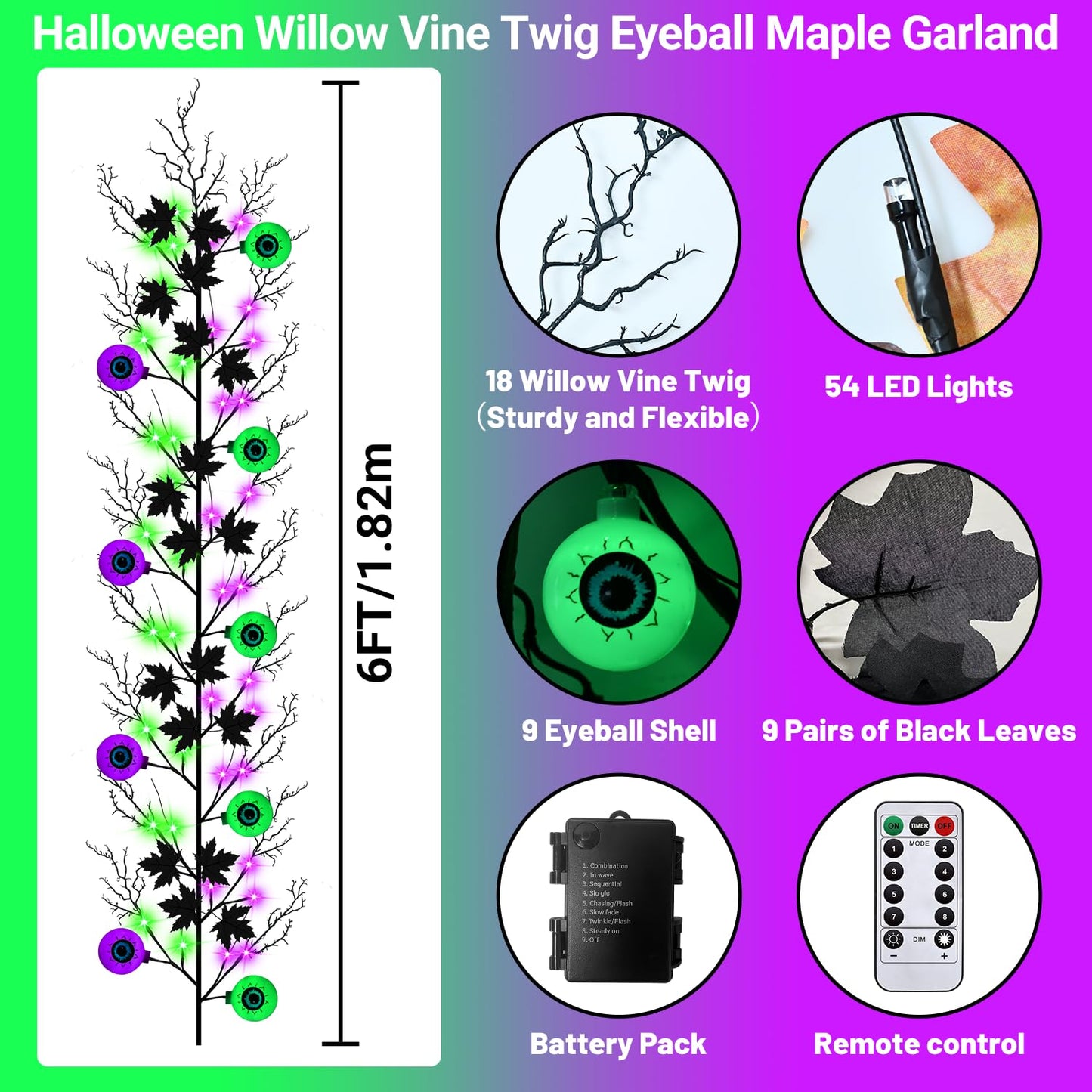 Halloween Decorations 6 Ft 54 LED Purple & Green Lights, Willow Vine Twig Garland with 9 Tree Leaves & 9 Eyeball, Battery Operated 8 Modes Halloween Lights for Home Wall Window Fireplace Mantle Decor