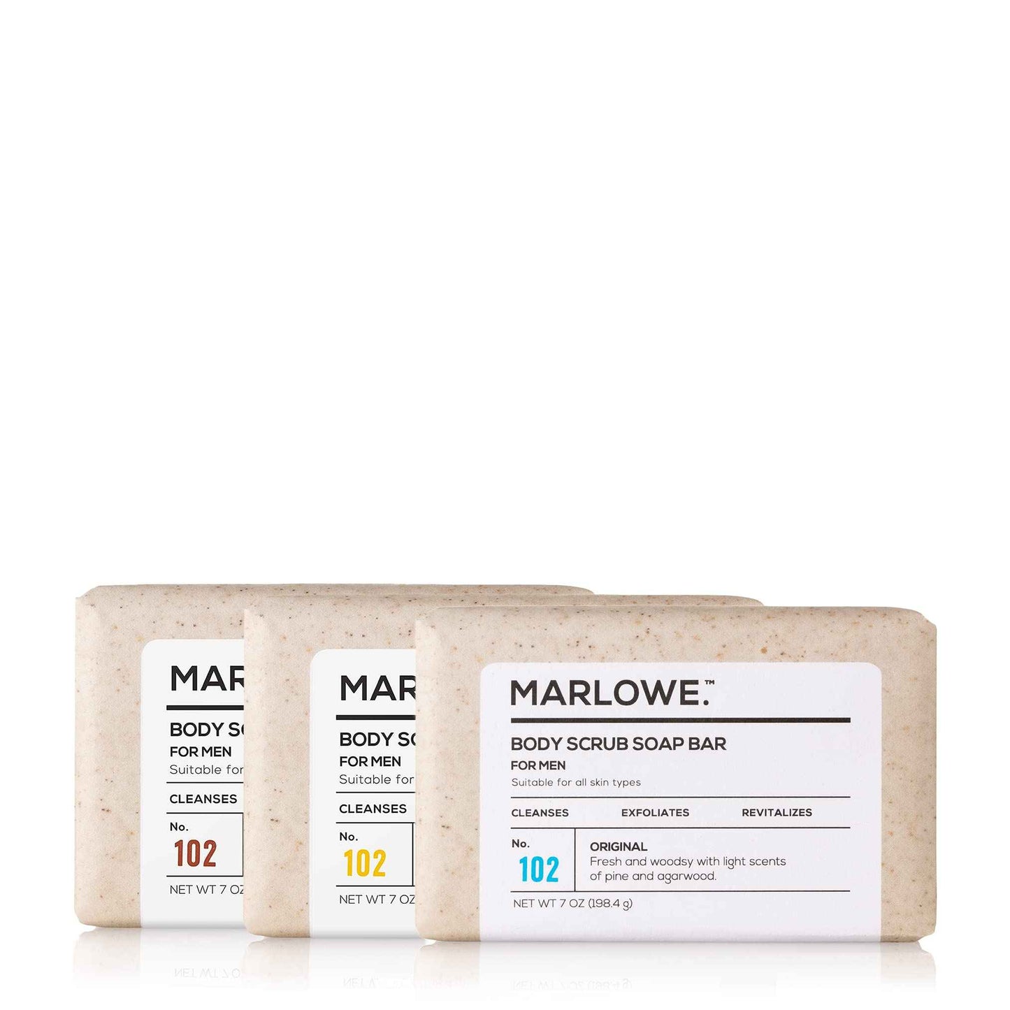 Marlowe. No. 102 Men's Body Scrub Soap 7oz (Variety Pack) | Best Exfoliating Bar for Men | Made w/Natural Ingredients | Green Tea Extract | Features 3 Amazing Scents