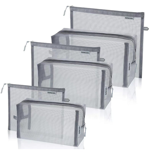 SUPACOOL Set of 6 Grey Travel Mesh Cosmetic Makeup Organizer Portable Bags with Zipper diaper bag organizing pouches Nylon toiletries Bag For Women and Men Gray 6pcs (S/M/L) (GREY（6pcs）)