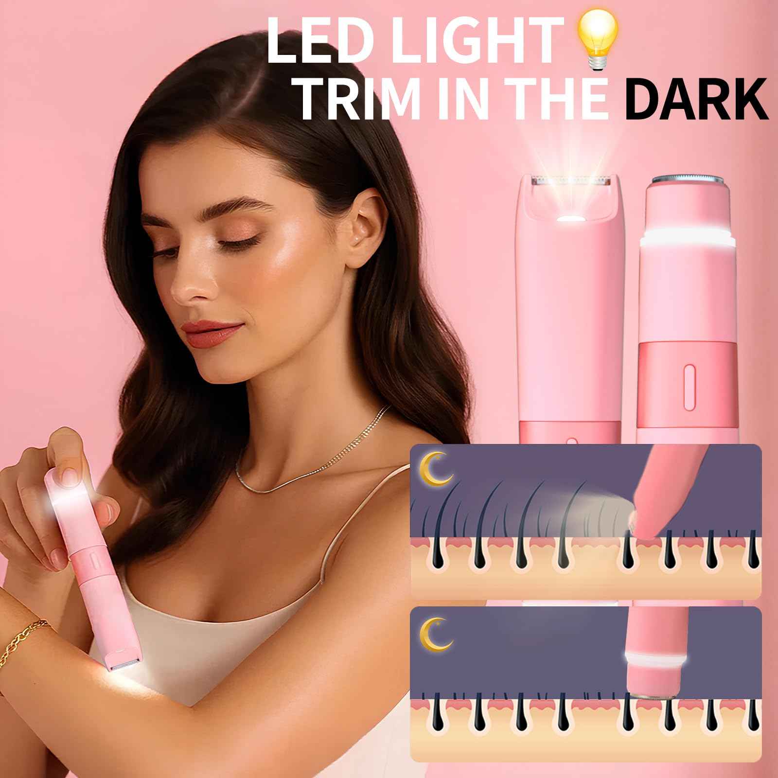 Bikini Trimmer for Women - 2 in 1 Painless Electric Razors for Women, IPX7 Waterproof Rechargeable LED Dual Head Electric Shaver for Lady Bikini Underarm, Body, Leg, Face Hair Remove - Pink