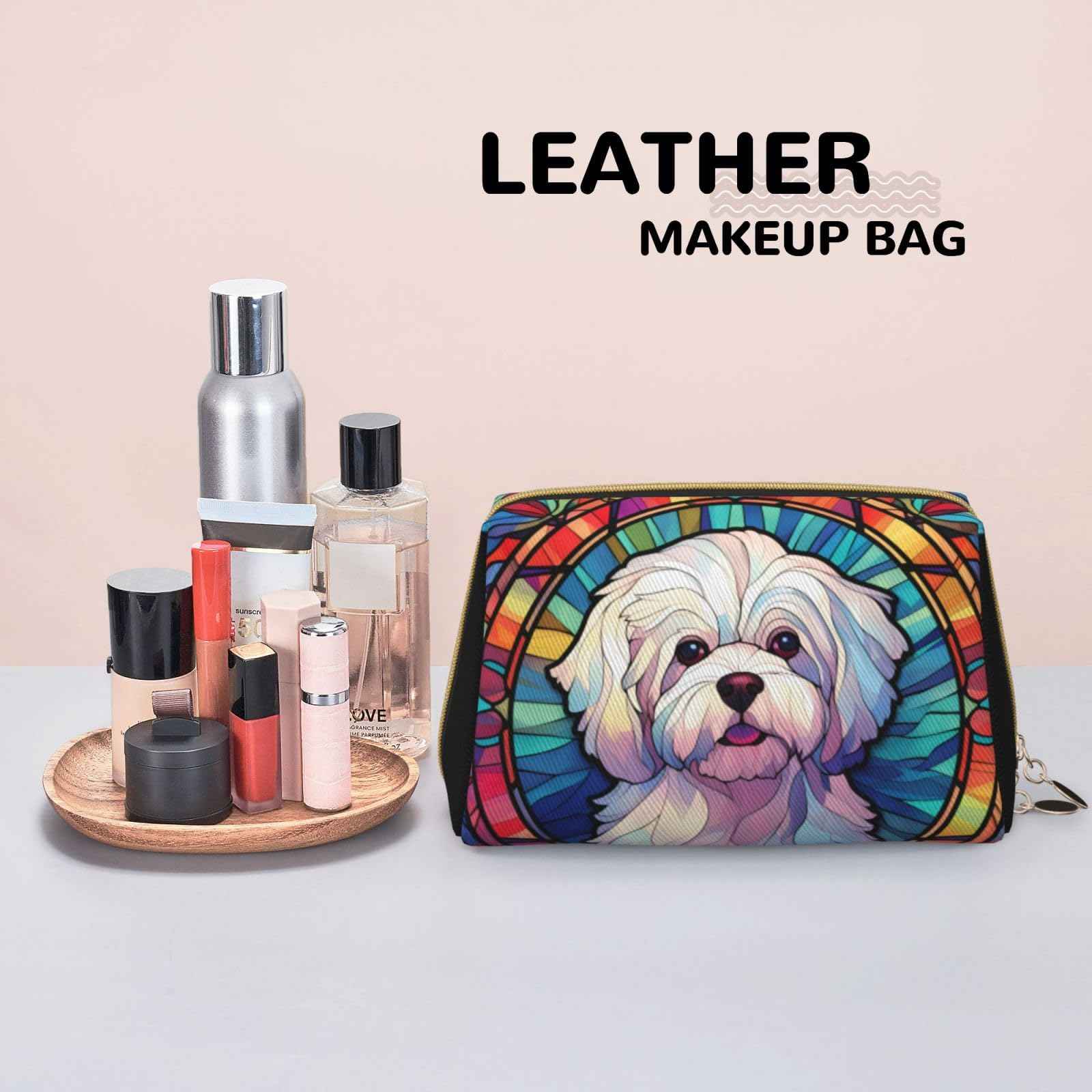 Novgift Maltese Stained Dog Breed Glass Art Leather Makeup Bag Travel Cosmetic Bag For Women Large Capacity Makeup Pouches
