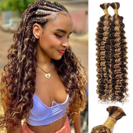 Xddnamei Chocolate Honey Blonde Human Braiding Hair 2 Bundles Total 100g 18 Inch Deep Wave P4/27 Braiding Human Hair Brazilian Virgin Hair Bundles for Boho Braids