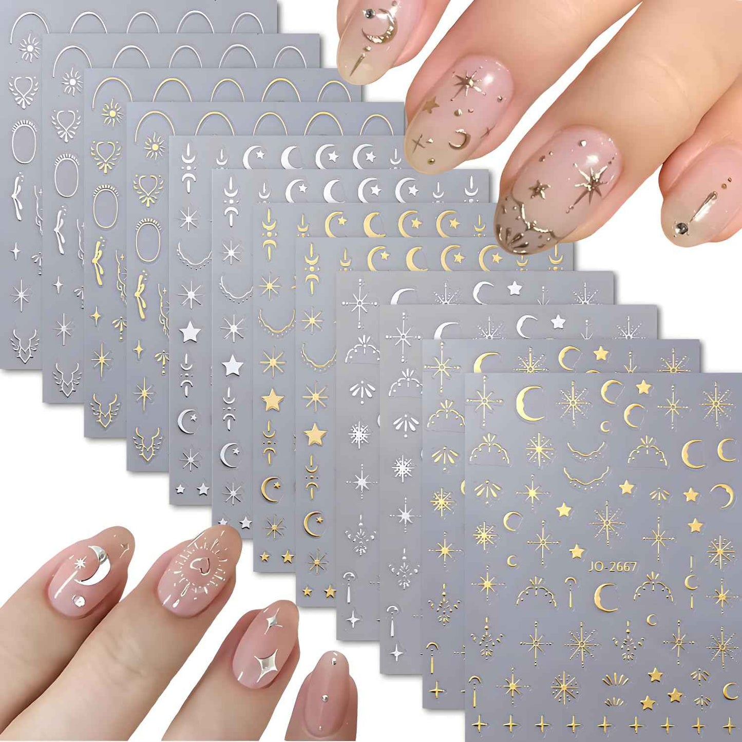 12 Sheets Silver Gold Moon Star Nail Art Stickers - 3D Self Adhesive Decals for Design and Decoration - Supplies Accessories for Women