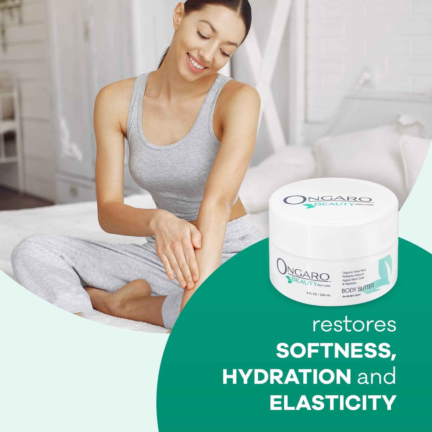 Ongaro Beauty - Whipped Body Butter Cream, Organic Shea Butter for Women with Aloe Vera, Plant Stem Cells, Peptides, Hyaluronic Acid, Probiotics, Vitamin C & E, Body Care for Women - 8 Fl Oz