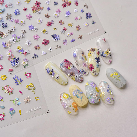 Flower Nail Art Stickers Decals Spring Small Flower Nail Stickers Colorful Sparkling 5D Embossed Nail Decals Self-Adhesive Nail Art Supplies Glass Fragment Floral Nail Adhesive Sliders for Women Girls