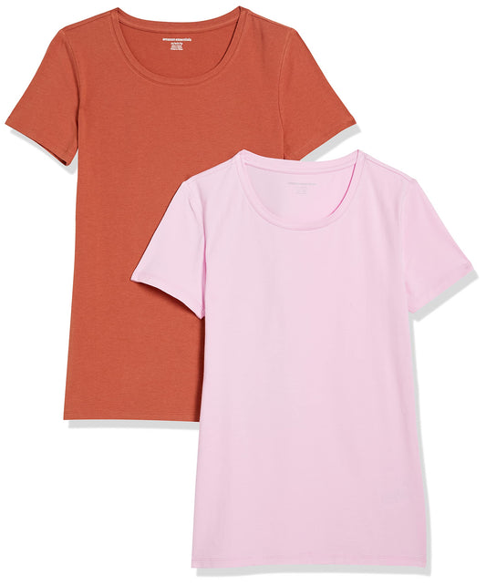 Amazon Essentials Women's Classic-Fit Short-Sleeve Crewneck T-Shirt, Pack of 2, Light Pink/Terracotta, X-Small