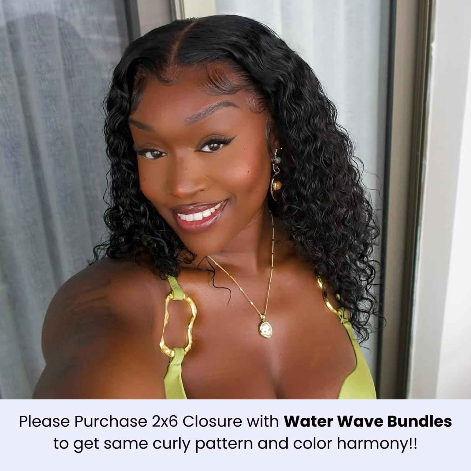MOMOSHERO 2x6 Water Wave Lace Closure 100% Unprocessed Human Hair, 12A Remy Natural Black Color Pre-Plucked Hairline Wet and Wavy Curly Closure Deep Middle Part With Baby Hair for Women 16 inch