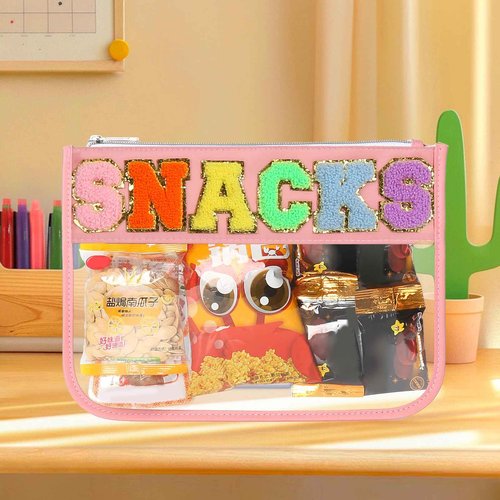 BCRMPT Chenille Letter Bag Clear Flat Pouch,Multi-purpose PVC&Nylon Clear Cosmetic Bags,Travel Makeup Bag With Zipper For Women,Clear Pouches for Travel,Gym,Beach (Pink-Snacks)