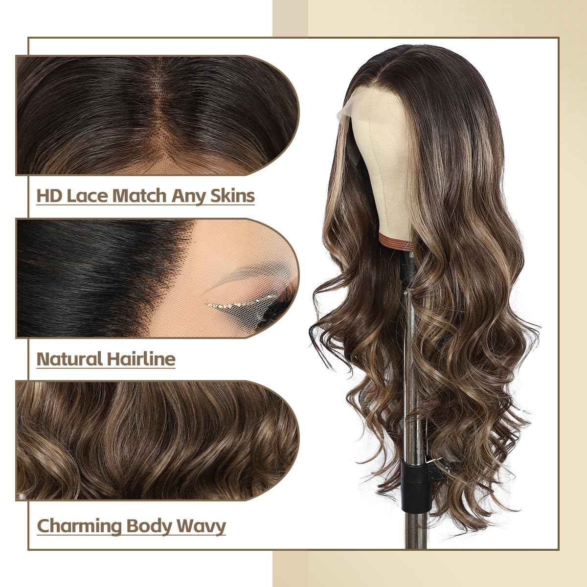 BABEHERS Brown Lace Front Wig for Women 13x4 Highlight synthetic Wig Pre-plucked Body Wave Long Wavy 150% Density Heat Resistant Hair for Daily Party Use 26 Inch