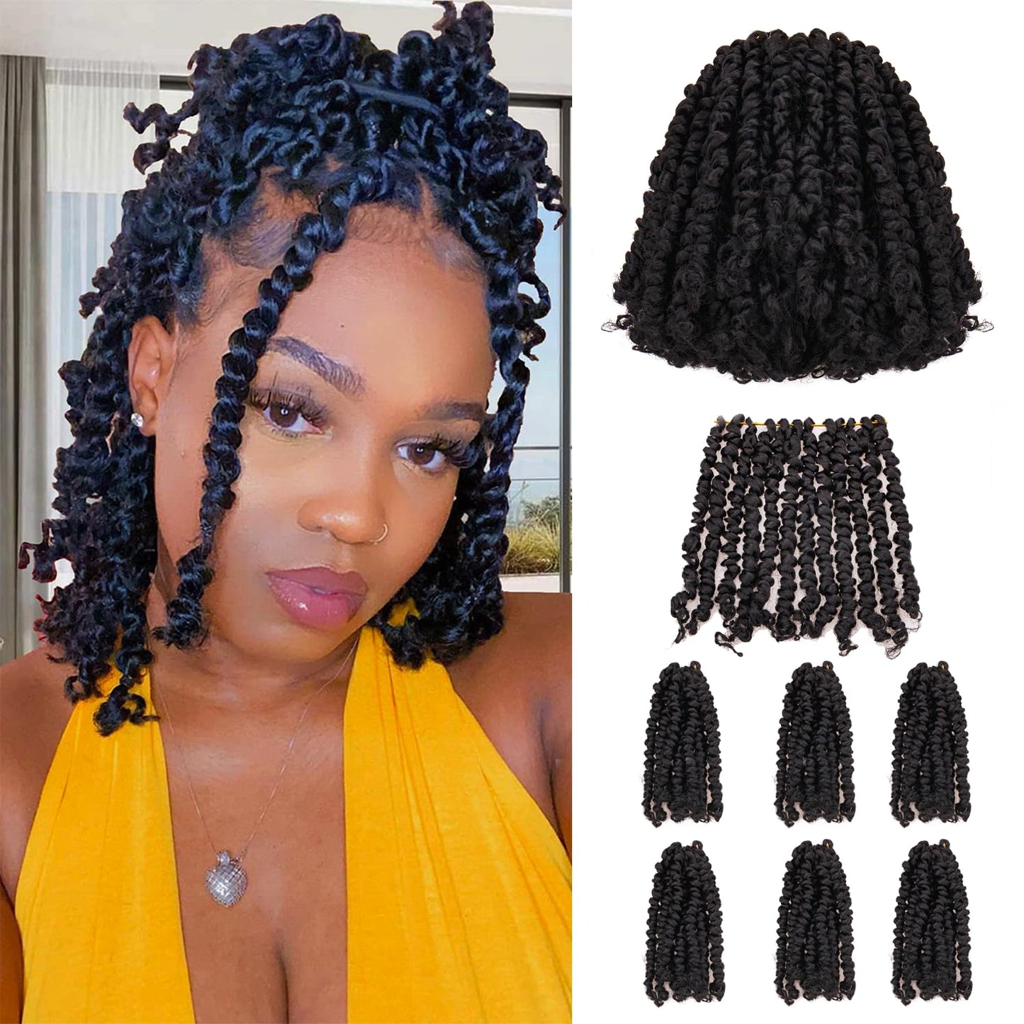 8 Inch 7 Packs Pre Looped Pretwisted Passion Twist Crochet Hair for Black Women and Kids-Natural Black,Soft Hair Extensions Braided by Synthetic Spring Kinky Twist Bohemian Curl(1B)