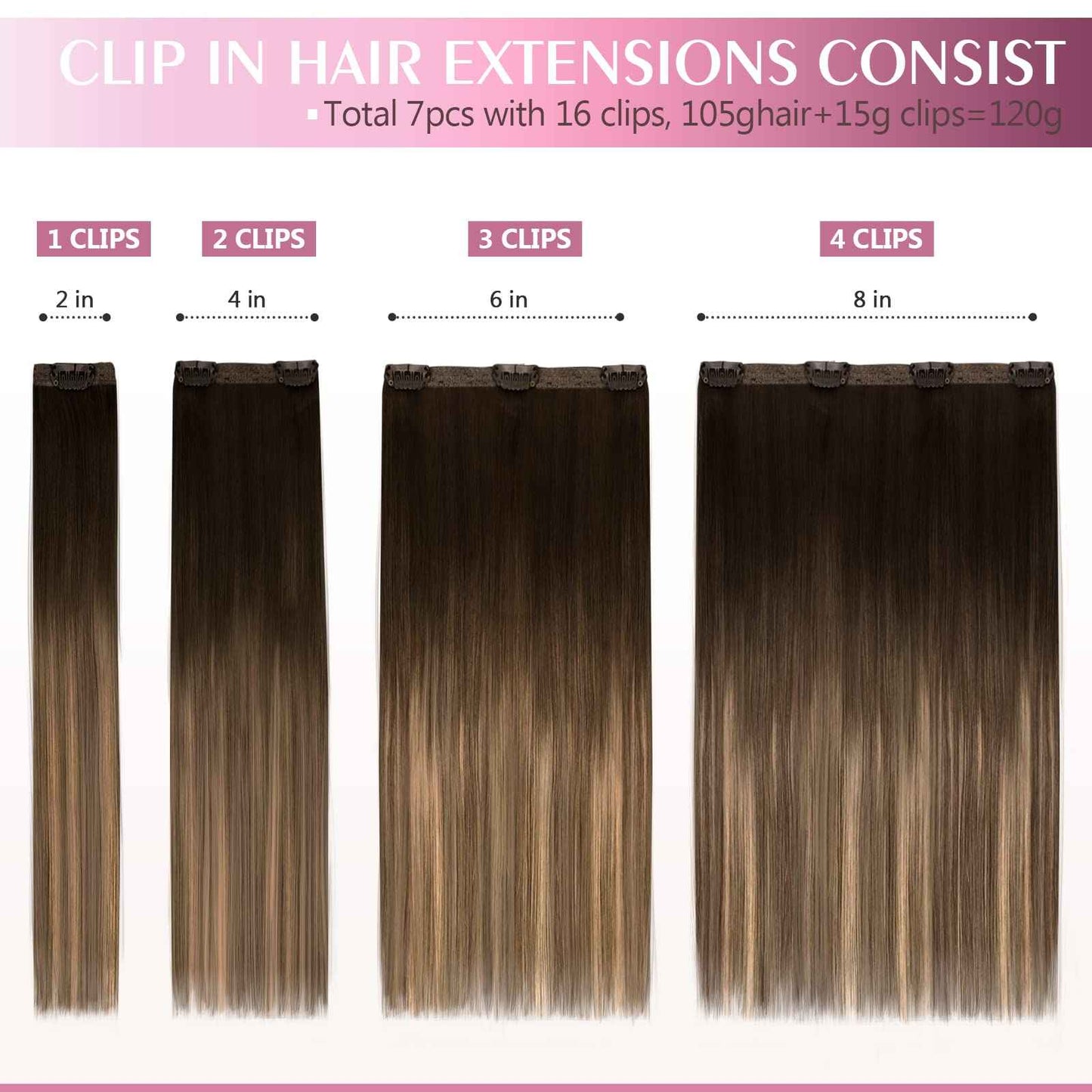 Fimislosion Real Hair Extensions Clip in Human Hair, Seamless Clip in Hair Extensions Real Human Hair, 16 Inch Clip ins extensions for women, Dark Brown to Chestnut Brown and Honey Blonde 120G 7Pcs