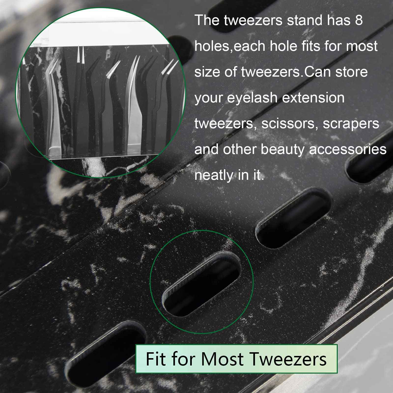 LXIANGN 8 Holes Dust-proof Eyelash Tweezers Holder Case Acrylic Marble Tweezer Stand Display Organizer with Cover for Lash Extensions (black)