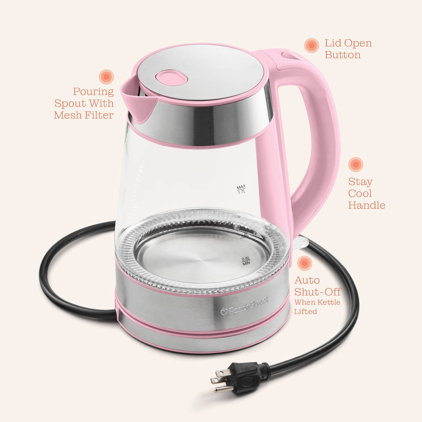 Speed-Boil Electric Kettle - 1.7L Water Boiler 1500W, Coffee & Tea Kettle Borosilicate Glass, Easy Clean Wide Opening, Auto Shut-Off, Cool Touch Handle, LED Light. 360° Rotation, Boil Dry Protection