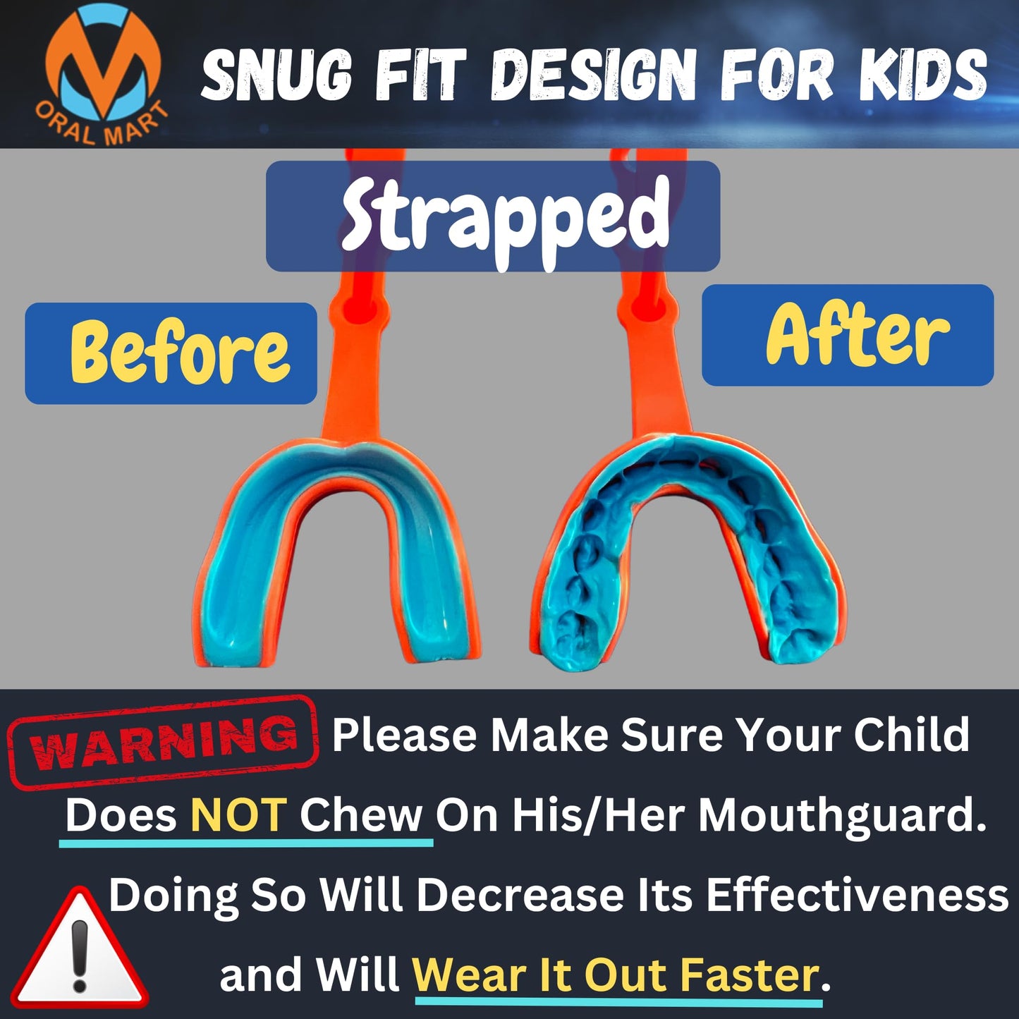 Oral Mart Orange/Blue Strapped Youth Mouth Guard for Kids - Sports Mouthguard with Connected Strap for Football, Ice Hockey, Lacrosse, Taekwondo