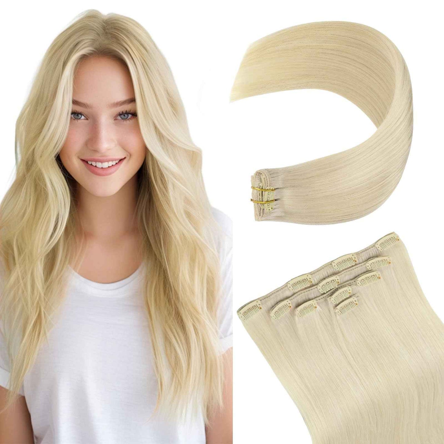MEI YUAN LIN Clip In Hair Extensions Real Human Hair Platinum Blonde Hair Extensions Clip Ins Silky Soft 18 Inch 5pcs 80g
