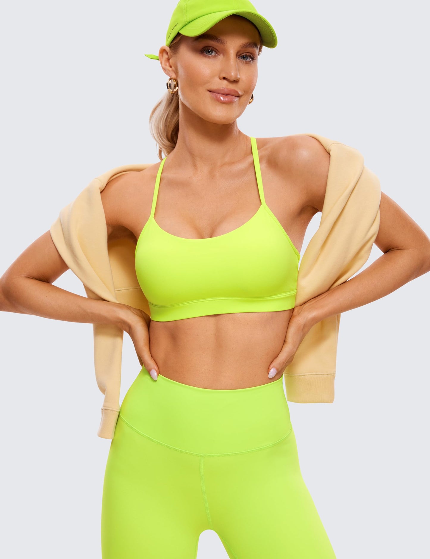 CRZ YOGA Butterluxe Womens Y Back Sports Bra - Padded Racerback Low Impact Spaghetti Thin Strap Workout Yoga Bra Neon Yellow X-Small