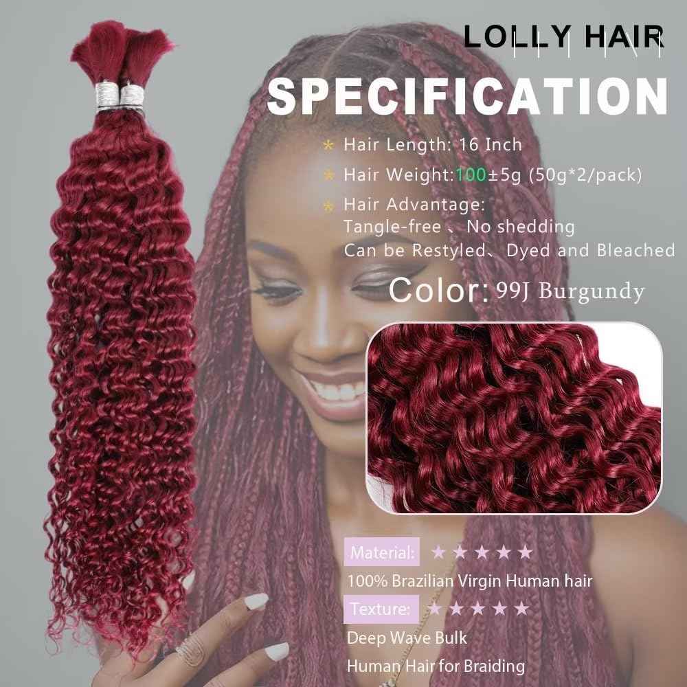 Ubinica Burgundy Deep Wave Braiding Human Hair 2 Bundles Total 100g 24 Inch Deep Wave Bulk Braiding Hair for Boho Braids