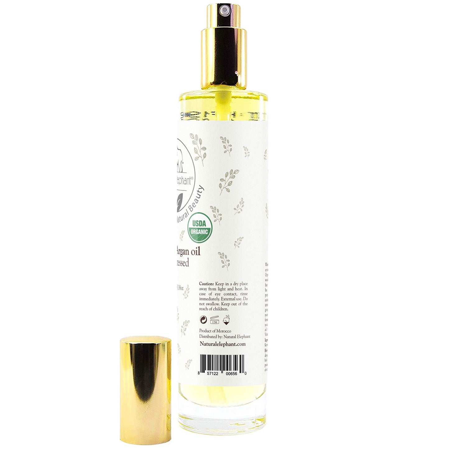 Natural Elephant USDA Certified Organic 100% Pure Argan Oil, Cold-Pressed, 100 ml (3.38 fl oz) - Nourishing & Hydrating for Skin, Hair, and Nails