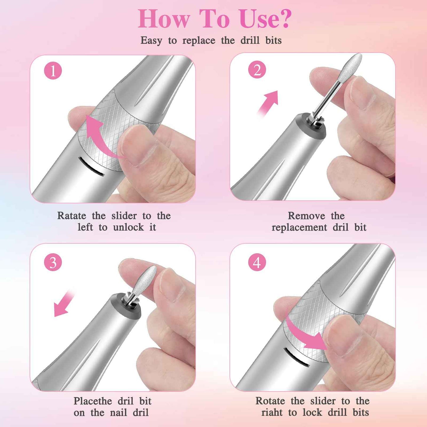 Professional Electric Nail Drill File,45000RPM Portable Machine E File with Bits & Base,Rechargeable Cordless Nail Drill Kit for Shaping,Removing & Polishing Acrylic Nails Gel for Salon Home (Pink)