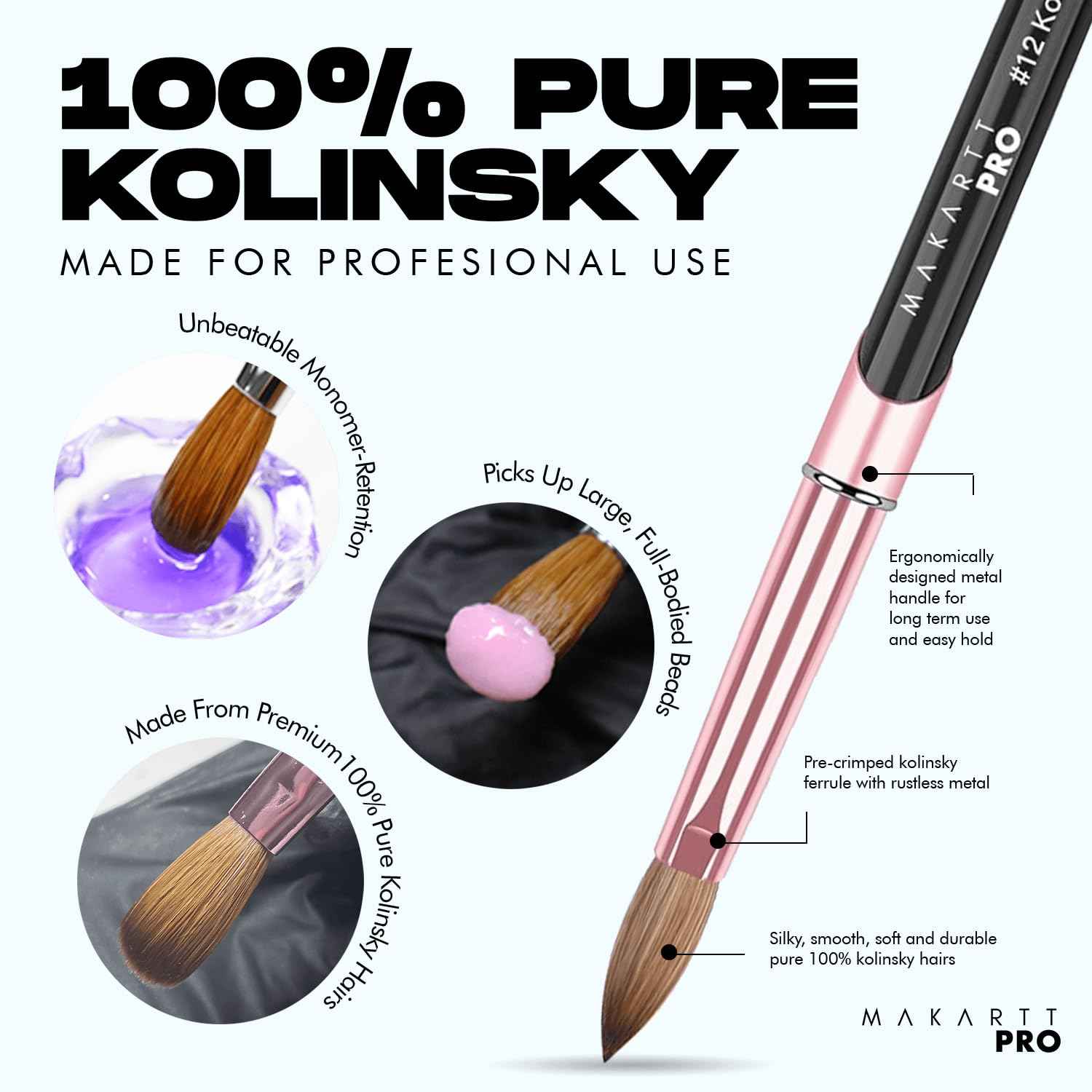 MakarttPro Premium Pure 100% Kolinsky Acrylic Nail Brush with Monomer and Acetone Resistant Handle, Pure Kolinsky Hair & Anti-Clogging Properties - Durable, Professional Quality, Size #12