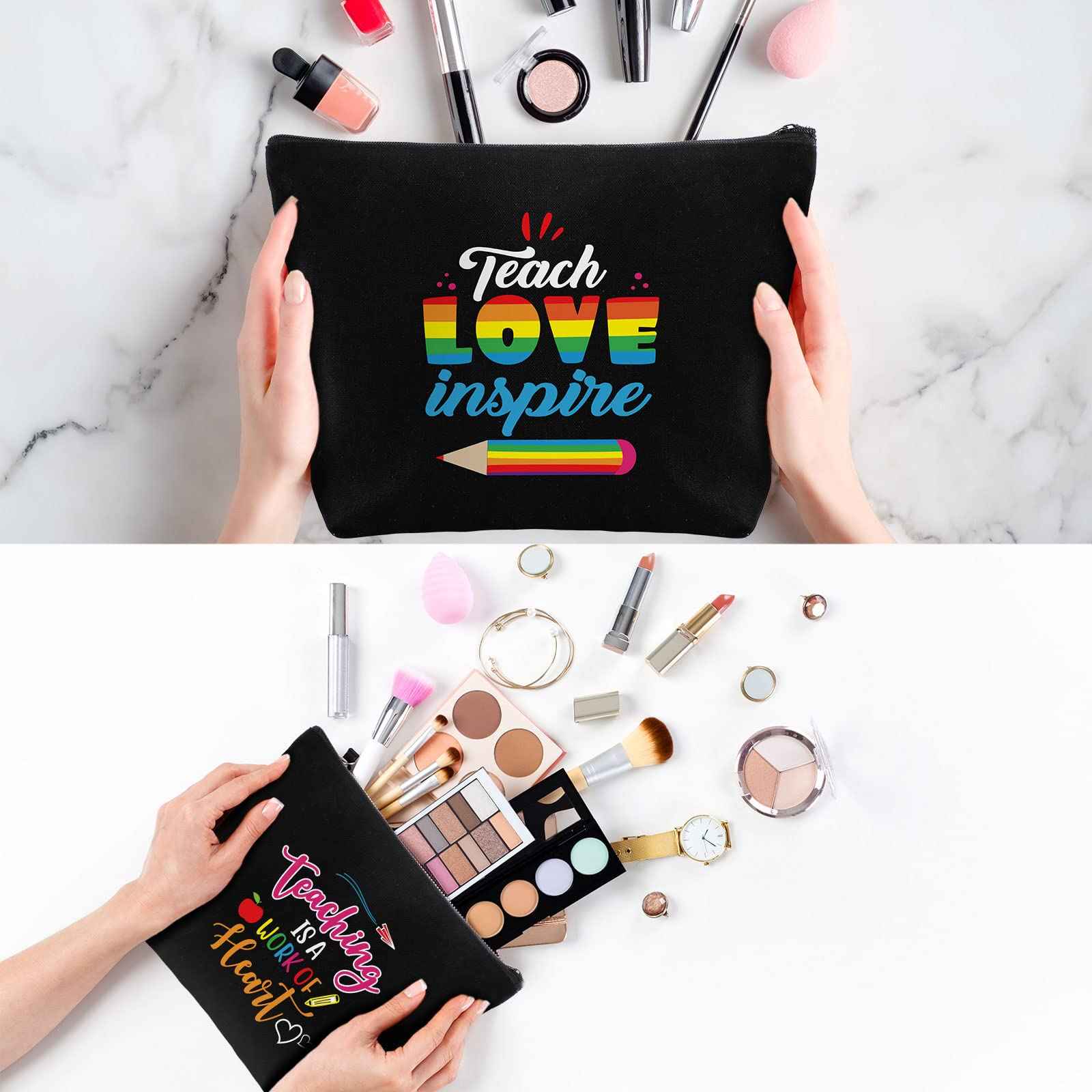 Oudain 8 Pcs Teacher Appreciation Gifts for Women Graduation Gifts Canvas Tote Bag Cosmetic Toiletry Canvas Makeup Bags with Zipper for Teacher Birthday Farewell Parties