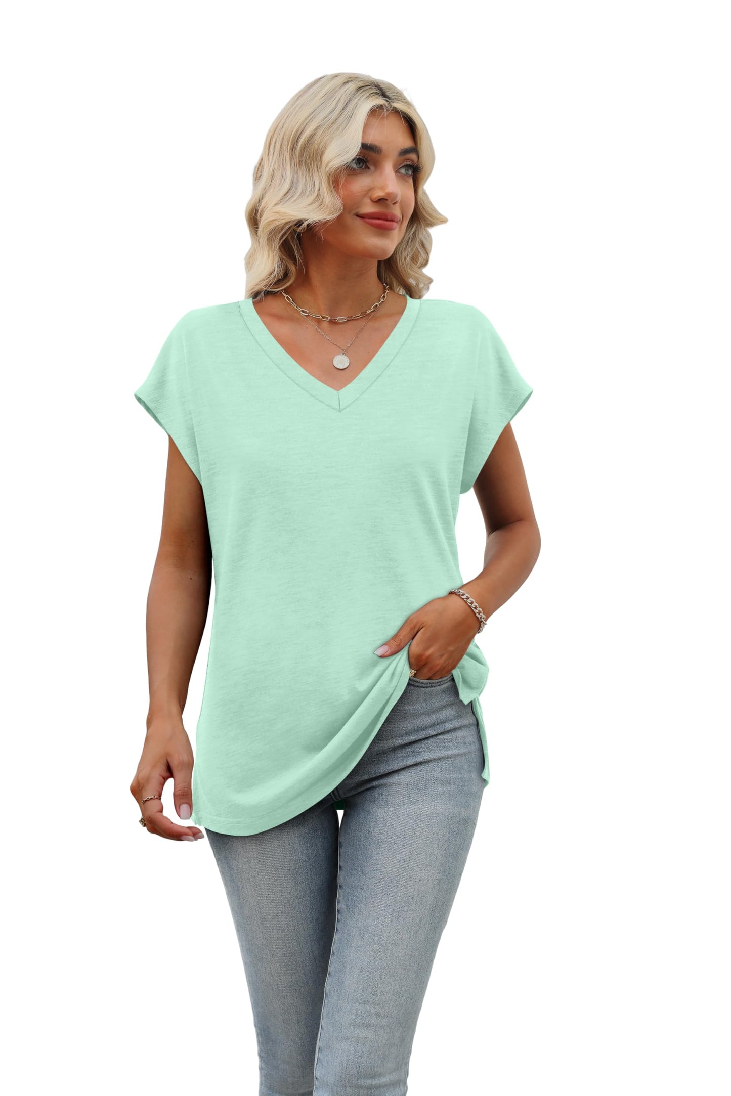 Womens Short Sleeve 2024 Summer Tops Trendy Tank Tops V Neck Loose Fit Shirts Lake Green S