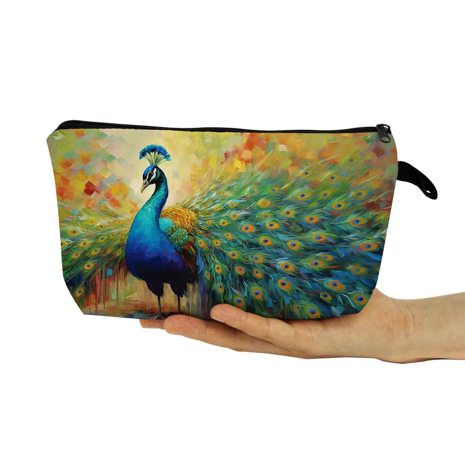 YULUENZE Peacock Pattern Makeup Bag - Cute Small Organizer With Zipper, Cosmetic Bag for Peacock Lovers - Birthday Gifts for Women, Sisters, Friends