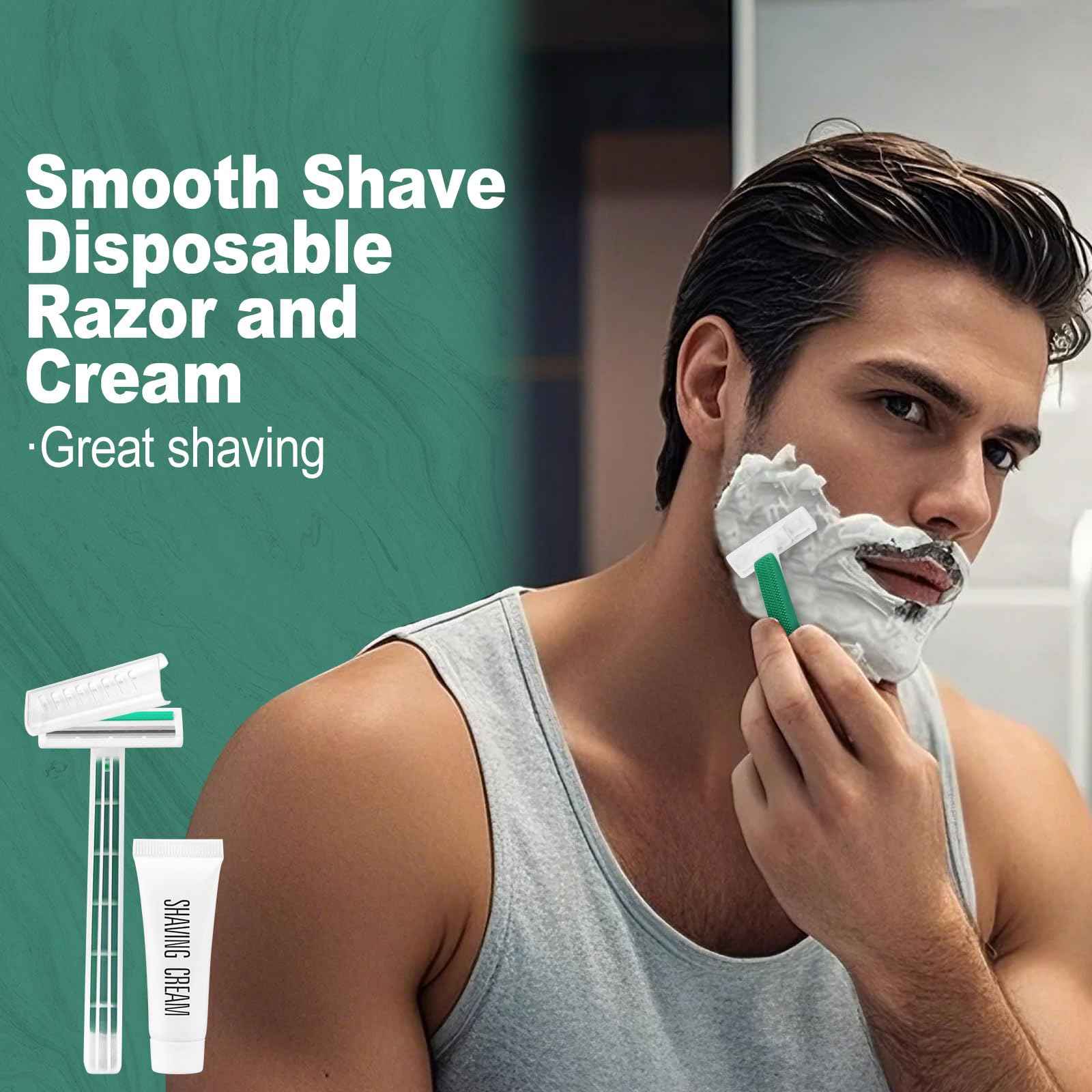 Green Disposable Twin Blade Razors in Bulk, Individually Wrapped with Safety Cap and Shaving Cream (50 Pack) for Homeless, Hotel, Airbnb, Shelter