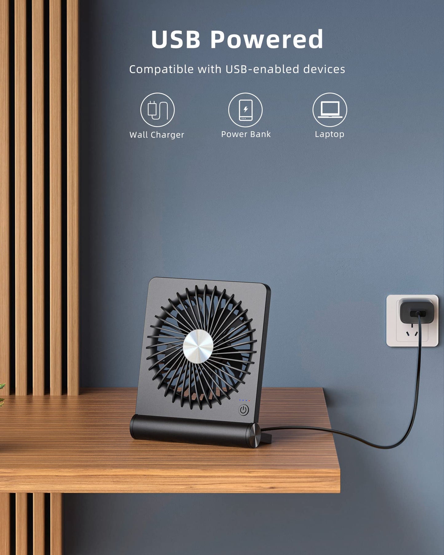 Koonie USB Fan, Strong Wind Ultra Quiet Small Desk Fan 220° Tilt Folding 3 Speeds Adjustable USB-C Corded Powered Personal Fan for Home Office Desktop Black