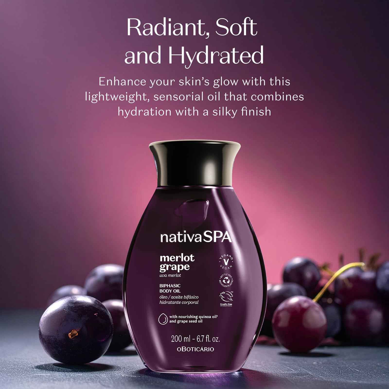 Nativa SPA by O Boticário Merlot Grape Biphase Body Oil, with Quinoa & Grapeseed Oils, Silky Glow with Hydration, 6.7 Ounce (200ml)