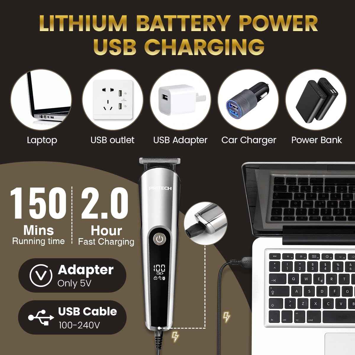 PRITECH Beard Trimmer for Men, 3 in 1 Hair Clippers for Men Kit, Nose,Ear,Micro Electric Shaver, Mens Grooming Set Cordless with LED Display IPX6 Waterproof (Silver)