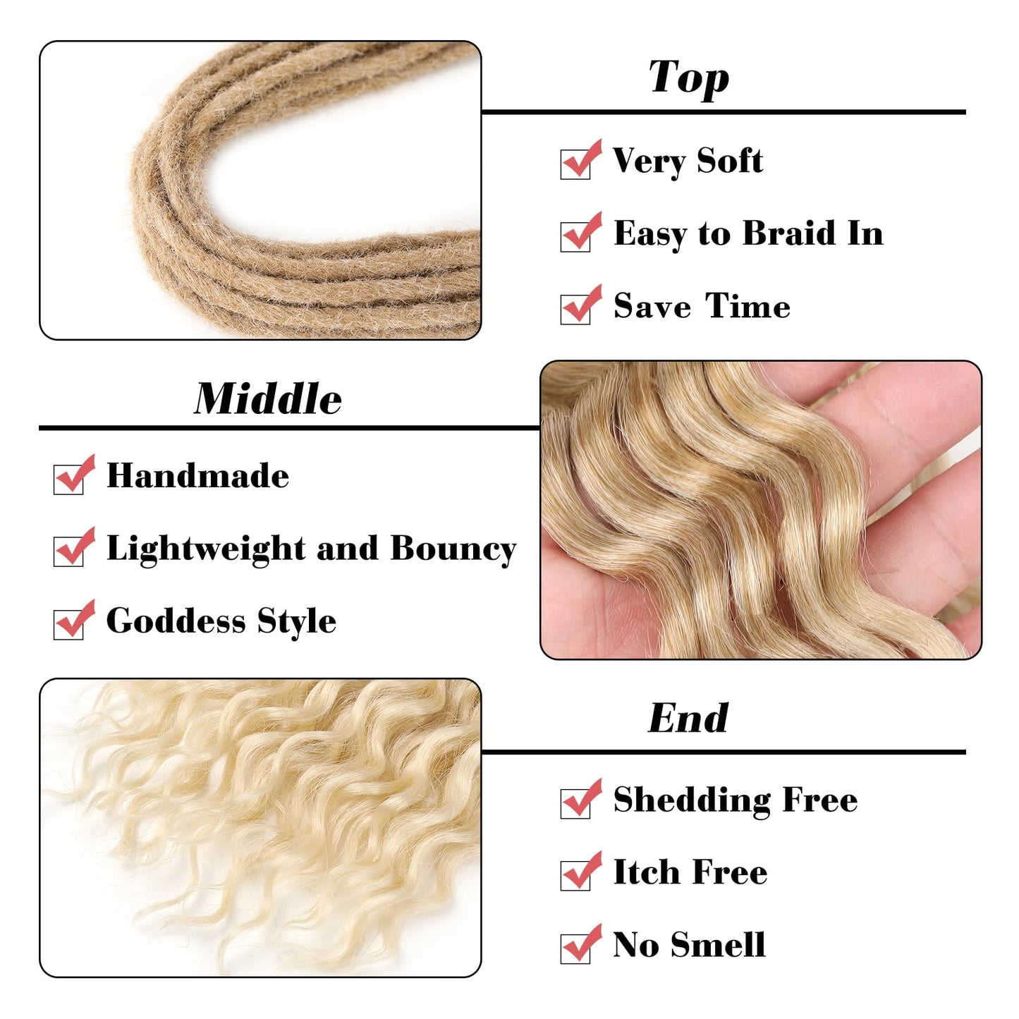 Leeven Curly Double Ended Dreadlock Extensions 24 Inch Ombre Blonde Wavy Dreads 10 Strands Handmade Crochet Wool Dreads Thin Soft Loc Extensions for Women Men