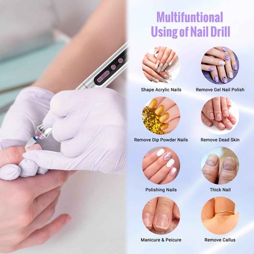 Denabuty Cordless Electric Nail Drill Machine, 13 in 1 Nail File Kit 35000RPM Professional Portable Rechargeable E File for Acrylic Polish Gel Removal Manicure Pedicure Set with 5 Speeds DN-2402