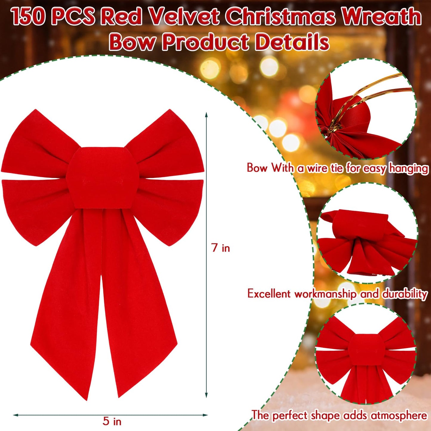 Sotiff 150 Pieces Velvet Christmas Wreath Bow Christmas Ornament Bow Christmas Bows for Indoor Outdoor Wreaths Garland Holiday Xmas Tree Wrapping Crafts DIY Decor (Red)