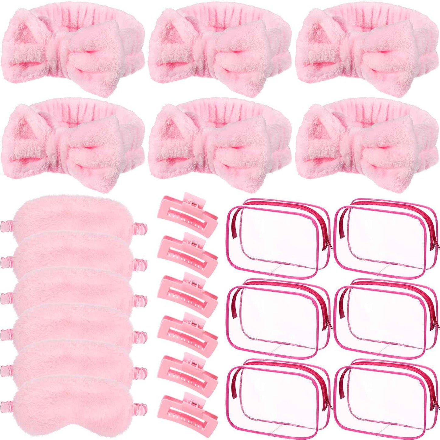 Hoteam 24 Pcs Sleepover Spa Party Favors Supplies 6 Spa Headband 6 Plush Sleep Eye Mask 6 Hair Claw Clips 6 Clear Cosmetic Bags for Slumber Party Christmas Gift(Pink)