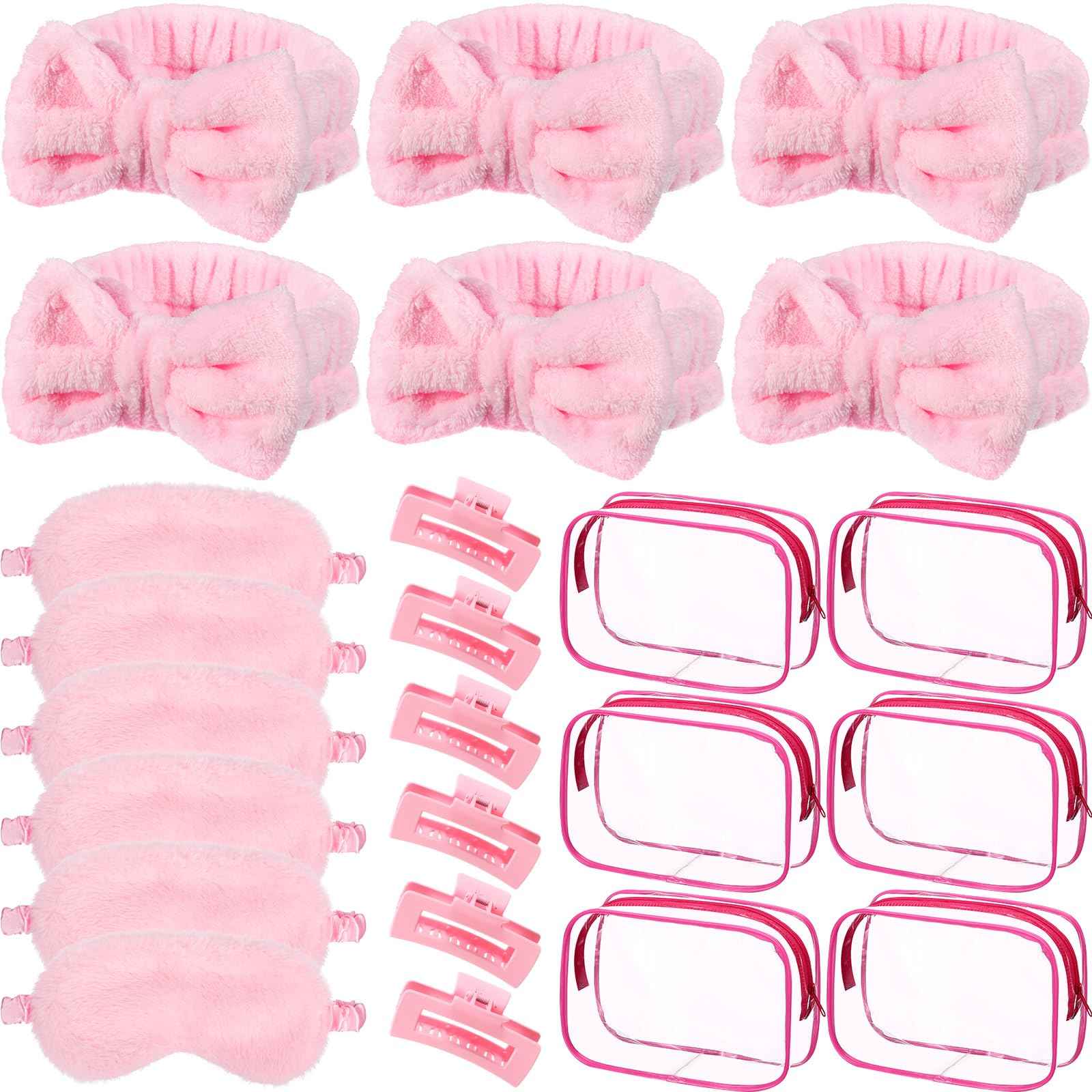 Hoteam 24 Pcs Sleepover Spa Party Favors Supplies 6 Spa Headband 6 Plush Sleep Eye Mask 6 Hair Claw Clips 6 Clear Cosmetic Bags for Slumber Party Christmas Gift(Pink)