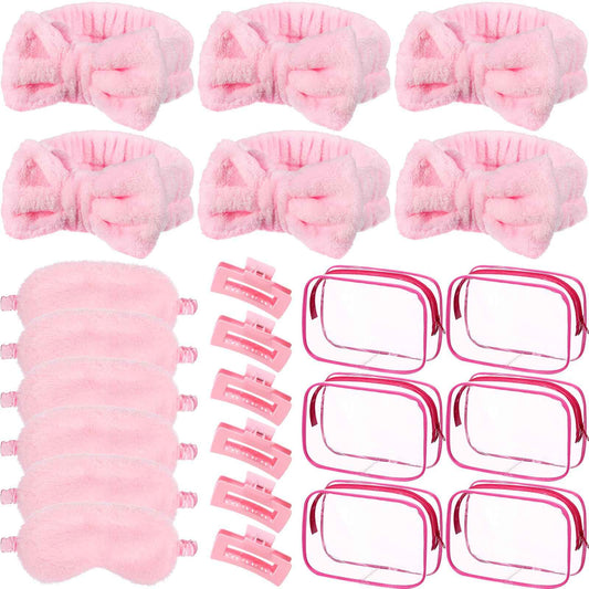 Hoteam 24 Pcs Sleepover Spa Party Favors Supplies 6 Spa Headband 6 Plush Sleep Eye Mask 6 Hair Claw Clips 6 Clear Cosmetic Bags for Slumber Party Christmas Gift(Pink)