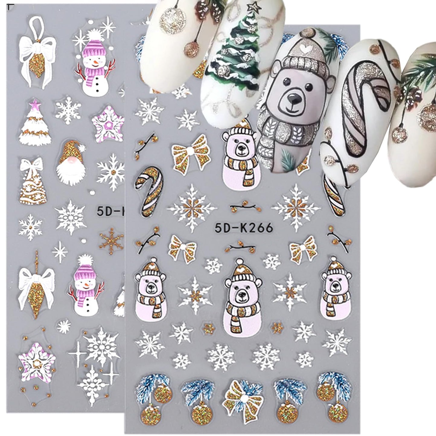 Christmas Nail Art Stickers 8 Sheet 5D Self-Adhesive Snowflake Nail Decals Sliver Glitter Xmas Tree Bell Snowman Winter Nail Art Charms Design Christmas Stickers for Women Nail Art Decoration Supplies