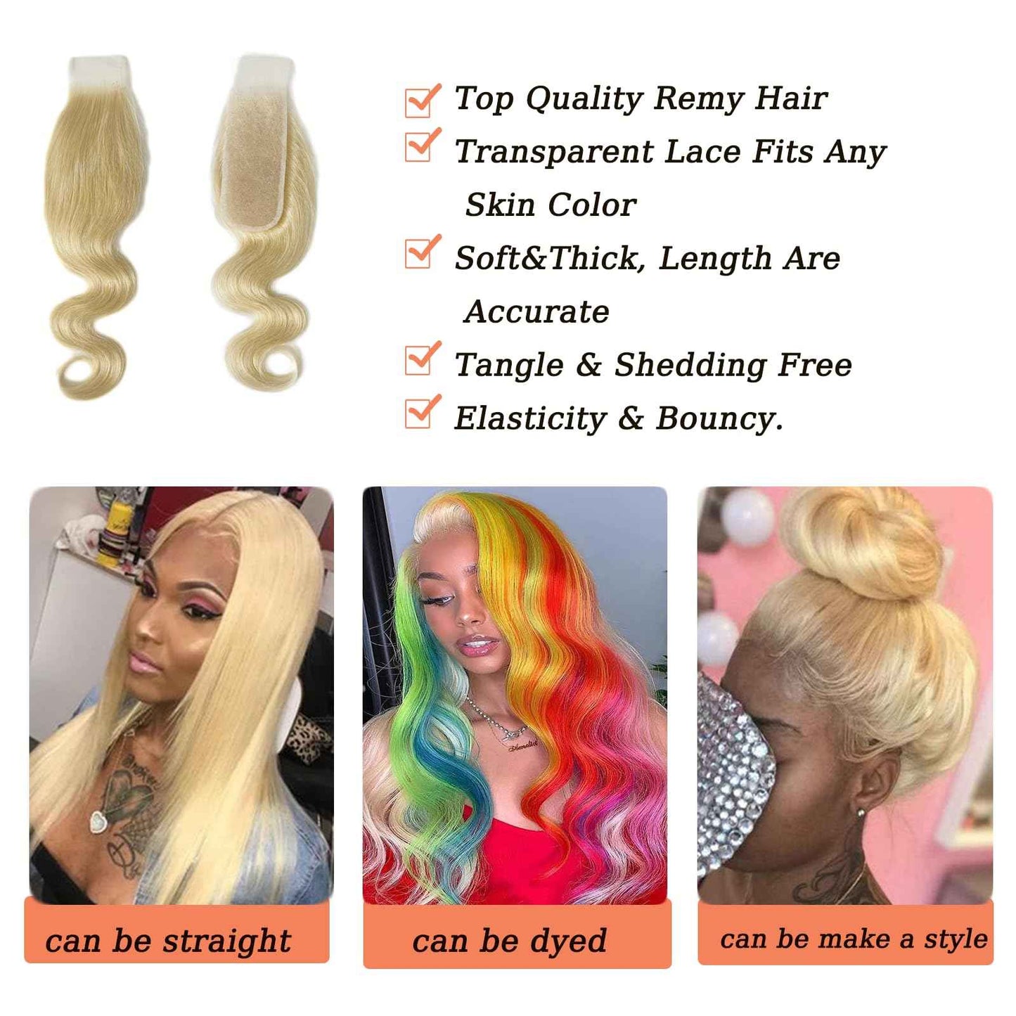 Blonde 2x6 Lace Closure Color #613 2x6 Transparent Lace Closure 100% Human Hair Free Part 150% Density Bleached Knots Pre Plucked With Baby Hair 14 Inch