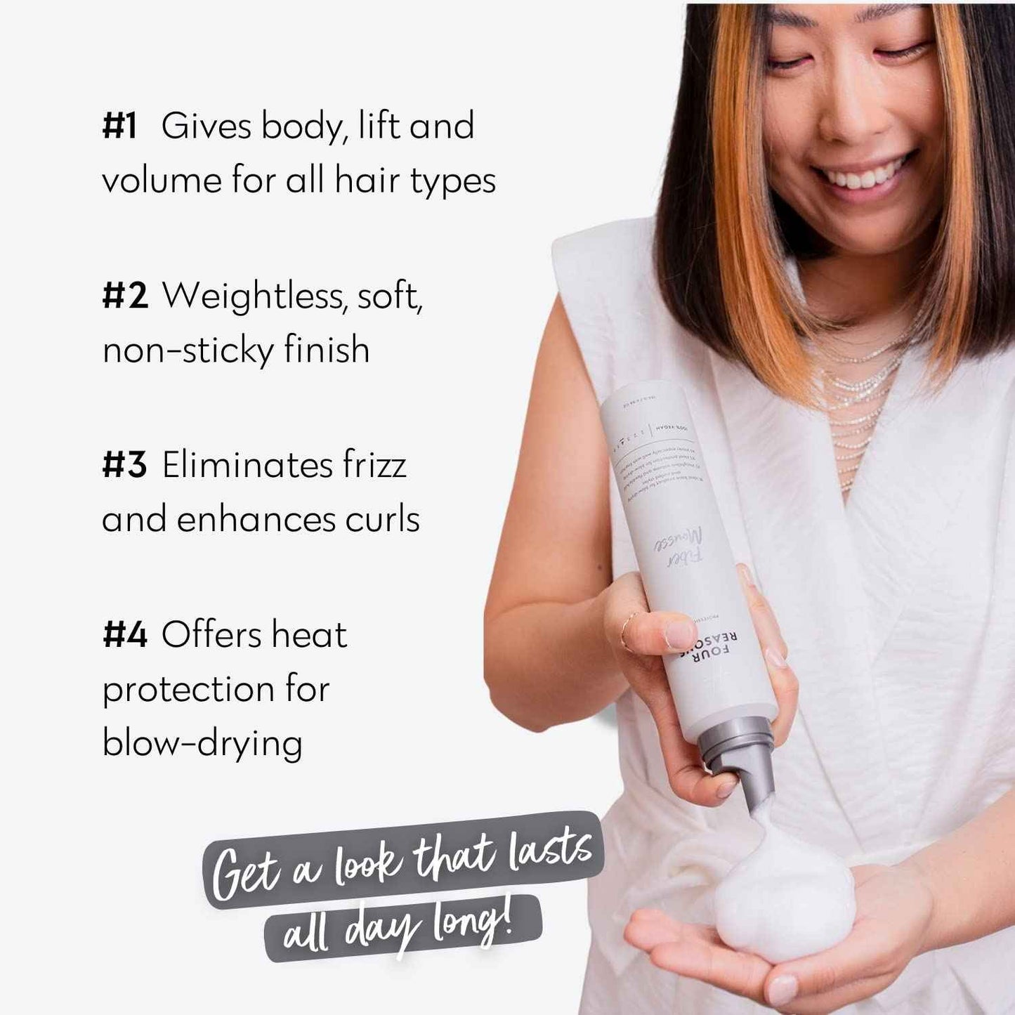 FOUR REASONS Professional Curl Enhancing Volumizing Mousse - Long-lasting Flexible Hold for Curly, Wavy and Straight Hair, VEGAN 6.8 Oz