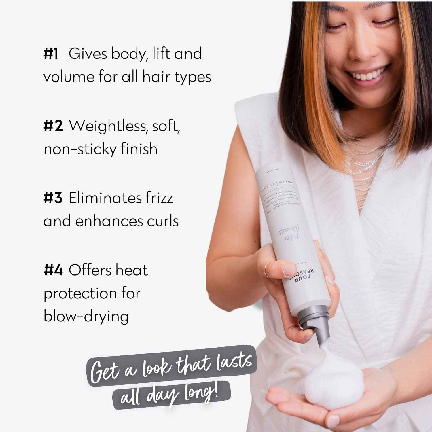 FOUR REASONS Professional Curl Enhancing Volumizing Mousse - Long-lasting Flexible Hold for Curly, Wavy and Straight Hair, VEGAN 6.8 Oz