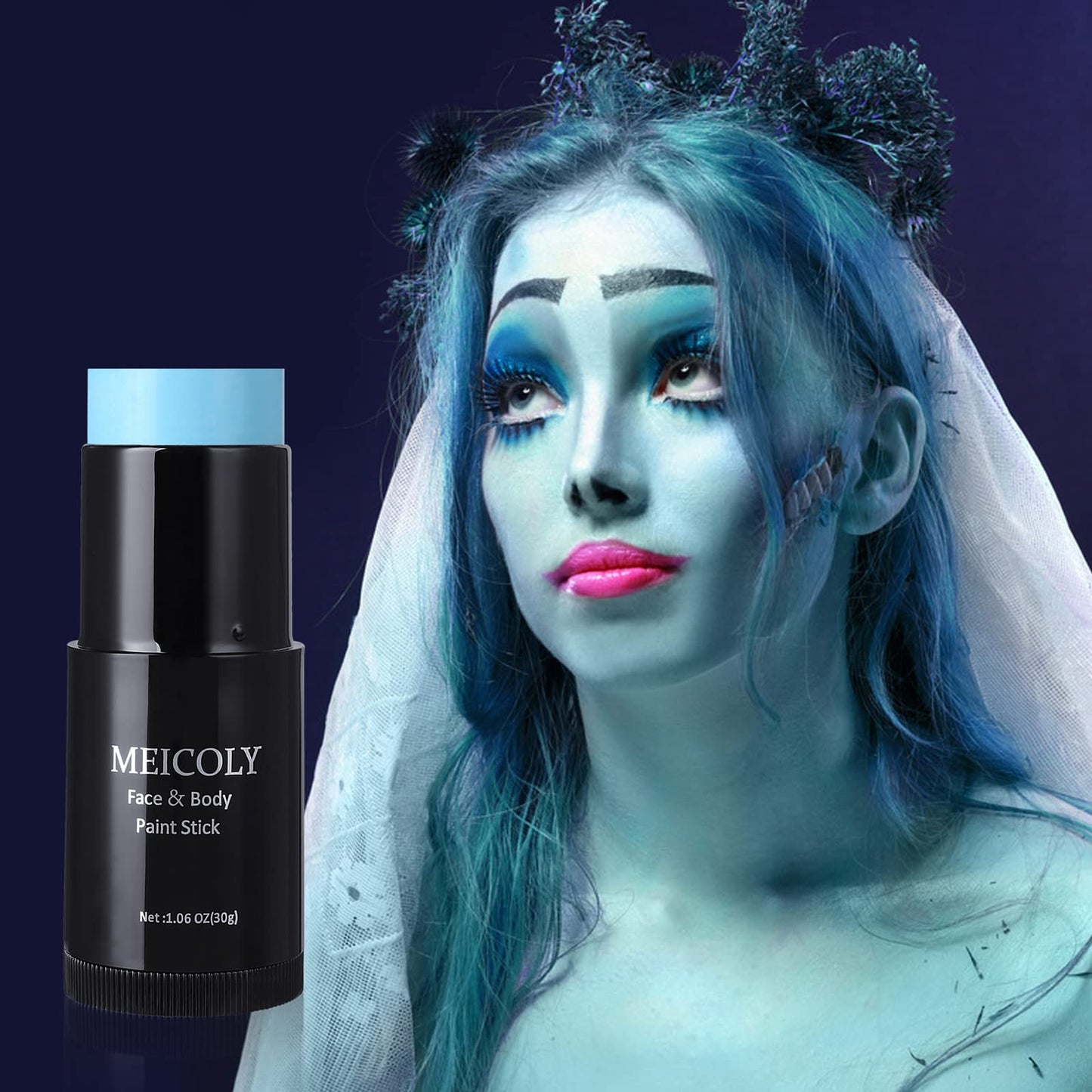 MEICOLY Blue Face Paint Stick(1.06 Oz),Cream Grease Sticks,Sweatproof Waterproof Pale Blue Body Paint Stick for Corpse Bride Halloween SFX Avatar Sally Makeup,Blue Eye Black Stick for Sport,Light Blue