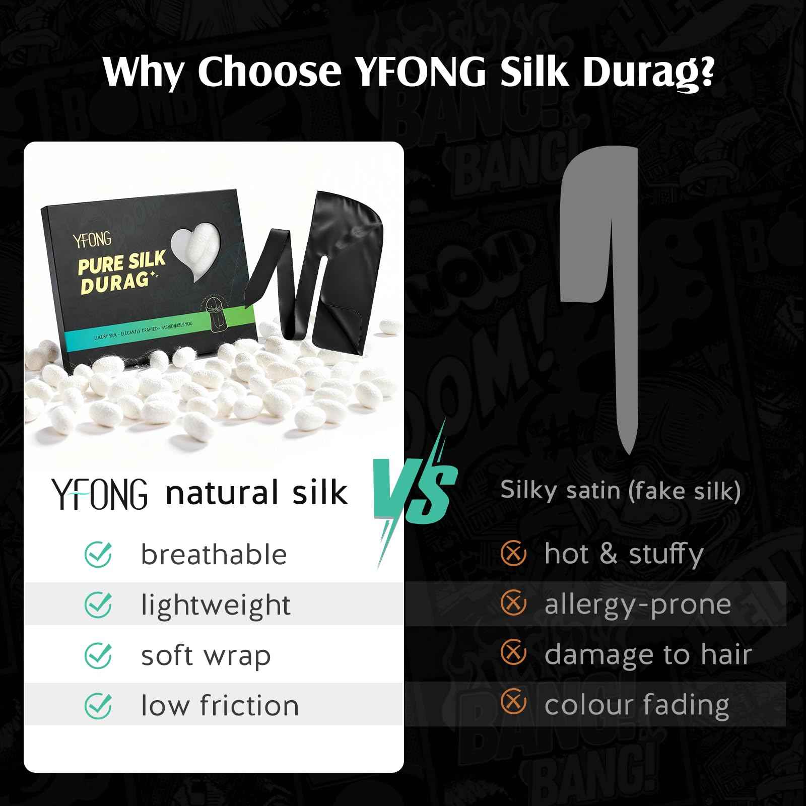 YFONG 100% Mulberry Silk Durag for Men & Women, 22 Momme Silky Durag for Hair Care, Soft and Breathable Do rag for Comfortable Wear, Perfect for Fashion Styling, 1Pc, Black