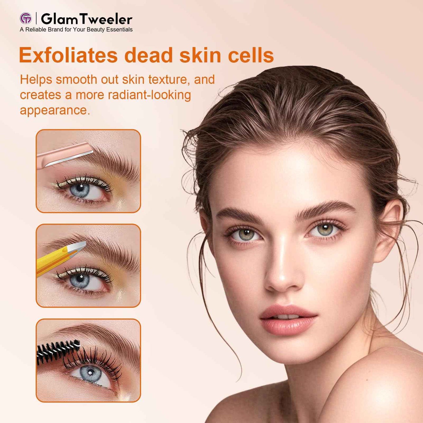 Women's Dermaplane Face & Eyebrow Razor Kit with GlamTweeler Slant Tweezers, Spoolie Brush, and Luxury Leather Storage & Travel Case + 10 Refill Blades (Rose Gold)