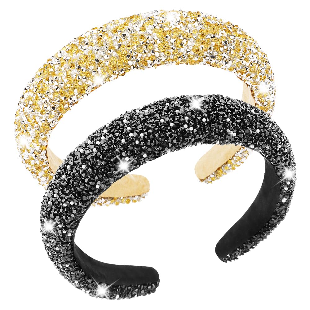 AHONEY 2 Pack Rhinestone Headband Women Thick Padded Headband, Sequin Beaded Pearls Head Band Glitter Cute Headband Birthday Prom Hair Accessories For Women Girls (Black&Gold)